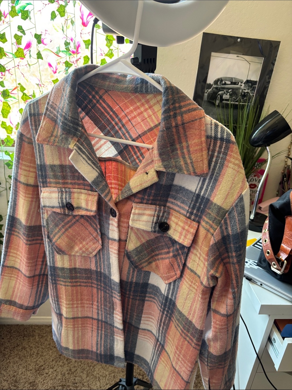 Peach & Gray Plaid Button-Front Shacket